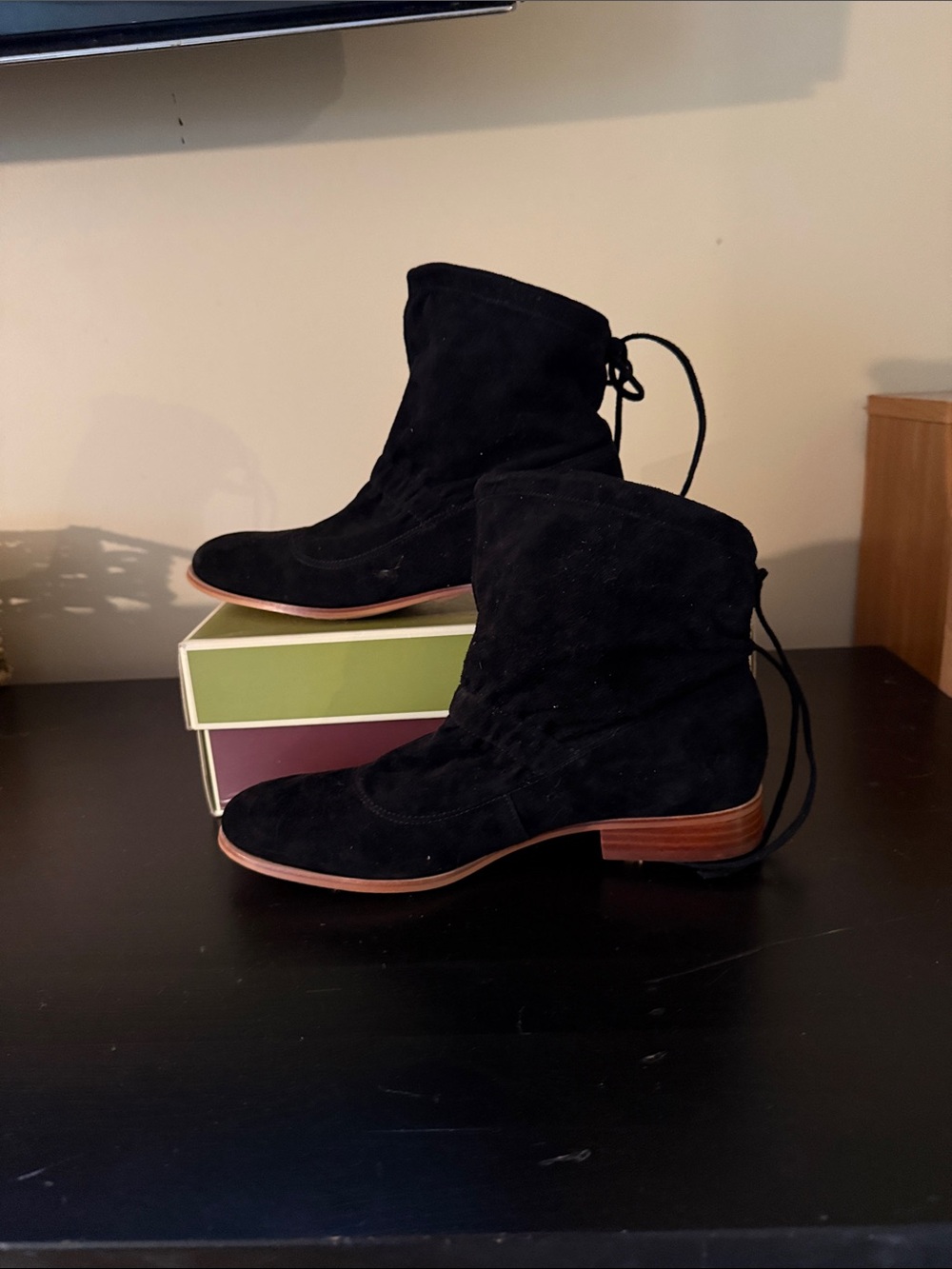 Clarks Black Suede Ankle Booties with Rear Tie never worn